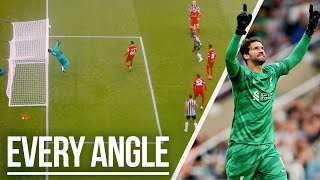 WHAT A SAVE  Every angle of Alissons stop for Liverpool vs Newcastle [upl. by Enyaht]