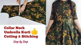 Collar Neck Umbrella Cut Kurti Cutting and Stitching  Collar Neck Kurti Cutting and Stitching [upl. by Onirotciv]