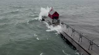 Drone flies over large waves on Lake Michigan [upl. by Nohtahoj]