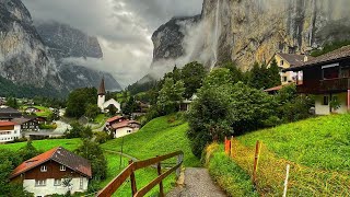 Lauterbrunnen Switzerland  Rainy walk in the most beautiful Swiss village  Fairytale village [upl. by Viole]