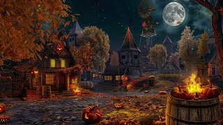 Magic Town At Quiet Halloween Night with Crackling Fire Pumpkin Full Moon and Relaxing Sounds [upl. by Trebmer]