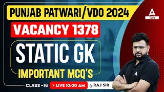 Punjab Patwari VDO 2024  Static GK  Important MCQs 16 [upl. by Kcirdorb684]