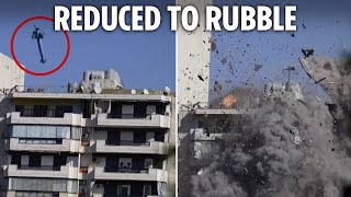 Moment Lebanon tower block completely flattened in Israeli rocket strike [upl. by Kelcie]