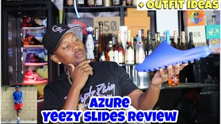 Adidas Yeezy Slide Azure Unboxing and Review  Sizing Tips and Outfit Ideas [upl. by Lupita]