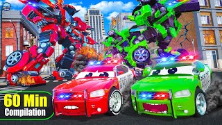 Police Cars Transformers Monster Trucks vs Crazy Alien Robots  60Min Hero Cars Movie Compilation [upl. by Summer]