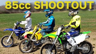 85cc Dirt Bike SHOOTOUT Yamaha YZ 85 vs Suzuki RM 85 vs Kawasaki KX 85  YZ85 RM85 KX85 [upl. by Gronseth]