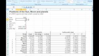 Calculating Sun Moon amp Planet positions RA DEC in Excel file [upl. by Enaj]