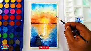 Easy landscape watercolor Sunset painting with clouds step by step tutorial webart72 ASMR [upl. by Edmond]