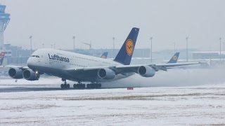 Airbus A380 Snow departure Lufthansa A 380 creating a snow storm HD [upl. by Gian]