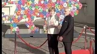 PM Modi received by German Chancellor Angela Merkel at Hannover Messe [upl. by Johathan]