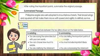 English 5 Q3 Week 3 Restating Sentences and Summarizing Information from Various Text Types [upl. by Idnew]