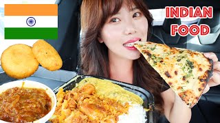 INDIAN FOOD MUKBANG 먹방 VEGETARIAN Aloo Tikki Veggie Korma Aloo Gobi Eggplant Mango Lassi Naan [upl. by Namzaj]