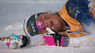 Crosscountry carnage Exhausted skiers biathletes collapse at finish line  2022 Winter Olympics [upl. by Zaragoza]