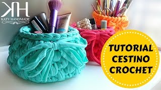 Cestino in fettuccia  Crochet basket  Fondo tondo  Katy Handmade [upl. by Galitea]