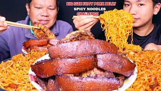 PORK SEKUWA 🐷 BIG SIZE FATTY PORK BELLY 🔥 SPICY NOODLES CHALLENGE  SPICY FOOD EATING thamthapa [upl. by Laertnom639]