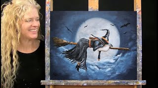 SLEEPING WITCHY  Learn How to Draw and Paint with AcrylicsEasy Halloween Paint and Sip at Home [upl. by Araeic]