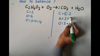 Balancing C2H6O2O2CO2H2O  Balancing combustion of C2H6O2 [upl. by Naerb900]