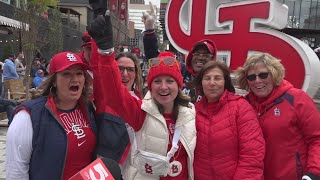 Cardinals fans paint the town red for a cold opening day [upl. by Enelyar]