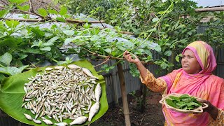 Pond Fish Catching amp Cooking Small Fish with Basella Alba Recipe Country Tiny Fish Pui Shak Ranna [upl. by Ambrosia]