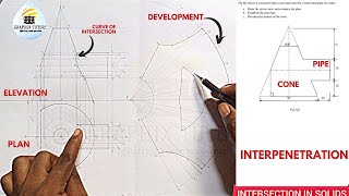 INTERPENETRATION AND CURVE OF INTERSECTION OF TRUNCATED CONE AND CYLINDER WITH THE DEVELOPMENT [upl. by Drobman78]