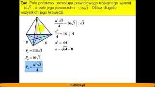 Oblicz długość krawędzi ostrosłupa prawidłowego trójkątnego  Matfiz24pl [upl. by Yerrot]