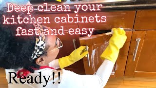 How to deep clean grime from your kitchen cabinets fast and easy and two steps HowToCleanCabinets [upl. by Ennairol]