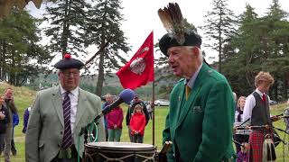 Clan Farquharson presentation of Pipe Banners with Chieftain during Gathering at Braemar Castle [upl. by Narot]