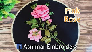 Ribbon Embroidery of Pink Rose Flower [upl. by Ecirual]