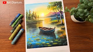 Lakeside Boat Scenery Drawing with Oil Pastels StepbyStep Tutorial [upl. by Yehc]