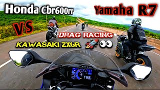 Drag Racing  Yamaha R7 Vs Honda Cbr600rr  Kawasaki ZX6R  Race  Cbr600rr  R7  Zx6r [upl. by Jaella]