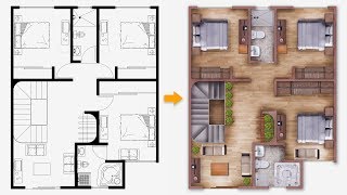 PART 01 Easy Plan Render  Single house plan render in Photoshop [upl. by Eirrem54]