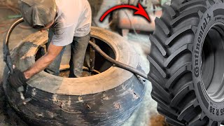 How Put A New Tread On Old Tractor Tire  Amazing Process of Retreaded Old Tire  Tire Retreading [upl. by Isbel]