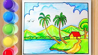 how to draw riverside scenery  how to draw landscape village drawing  village scenery drawing easy [upl. by Alecia815]