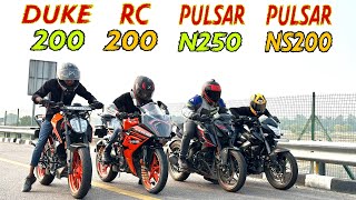 Duke 200 vs RC 200 vs Pulsar N250 vs pulsar NS200  Drag Race  Quad Battle  Shocking results😲 [upl. by Herwig]