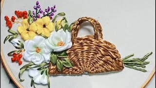 How to Make Ribbon Embroidery Craft With Design of Flowers in a Basket [upl. by Stoops]