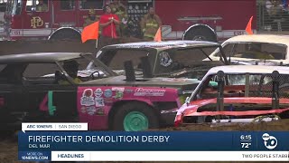 Firefighters compete in demolition derby to raise money for burn institute [upl. by Ahsekahs]