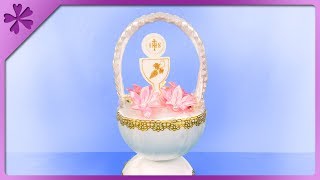 DIY How to make ribbon basket first communion table decoration ENG Subtitles  Speed up 482 [upl. by Gabi]