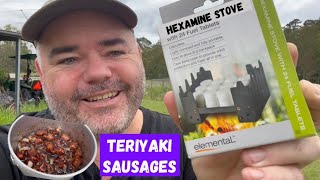 Using a Hexamine Solid Fuel Stove  cooking Teriyaki Sausages [upl. by Nayllij]