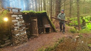 Building a secret shelter in the woods clay brick fireplace inside primal shelter [upl. by Iives]