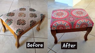 How to reupholster a simple footstool  Foot Stool Makeover [upl. by Felise]