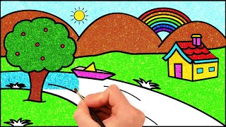 How to Draw Simple Landscape Picture  Glitter Painting for Kids  HooplaKidz How To [upl. by Enelegna877]