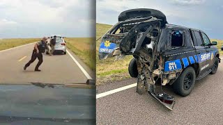 Car Crashes Into Police Car in the Middle of Empty Highway [upl. by Ahsenad152]