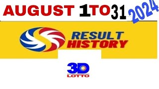 AUGUST 1 to 31 2024 3D swertres result and history  PCSO CHANNEL [upl. by Artnoed]