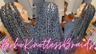 How To Boho Knotless Box Braids With Human Hair Curls  Hair Detals  How Many Pieces Added [upl. by Sanyu]