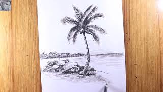 Simple sketch drawing Natural scenery with coconut tree [upl. by Neerual309]