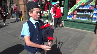 Young Scottish Bagpiper Busking Perth Perthshire Scotland [upl. by Enelyak]