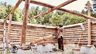 OFF GRID LOG CABIN the Heaviest Log 5000lbs Ridgepole Roof Supports Massive Structure [upl. by Aticilef]