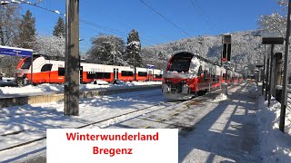 Bregenz Bahnverkehr im Winterwunderland nach Wintereinbruch aus versch Perspektiven 03122023 [upl. by Nivloc]