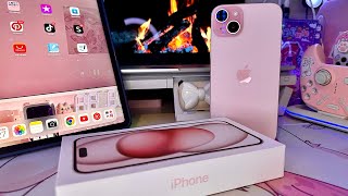 Aesthetic unboxing new iPhone 15 plus pink  setup  accessories 💕What’s on my phone 📱 Kawaii [upl. by Iccir]