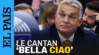 Eurodiputados de La Izquierda cantan Bella ciao tras la intervención de Orbán en la Eurocámara [upl. by Colligan]